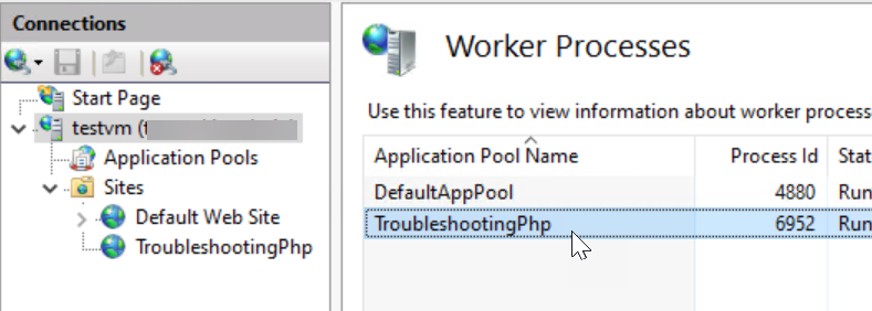 Capture d’écran de l’écran Processus de travail avec le nom du pool d’applications mis en surbrillance.