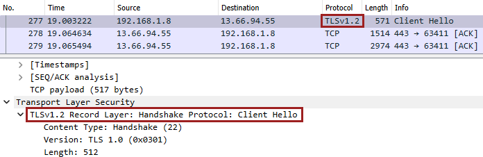 Capture d’écran d’une capture Wireshark du trafic réseau.