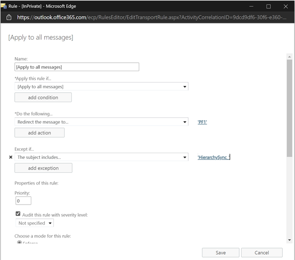 Capture d’écran de l’ajout d’une exception à la règle de transport.