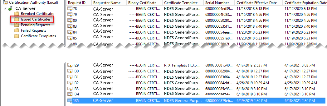 Capture d’écran d’un exemple de certificats émis.