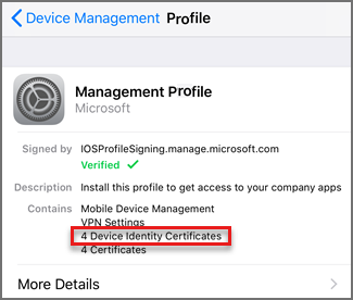 Capture d’écran des certificats iOS sous le profil Gestion des appareils.