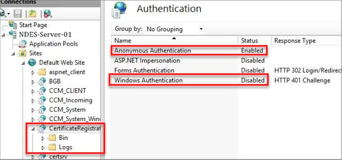 Capture d’écran des autorisations d’authentification anonyme et d’authentification Windows.