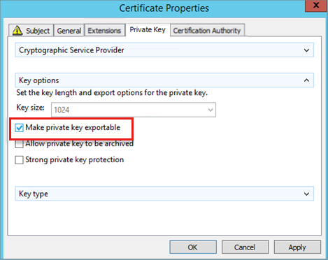 Capture d’écran de l’onglet Clé privée dans la fenêtre Propriétés du certificat.