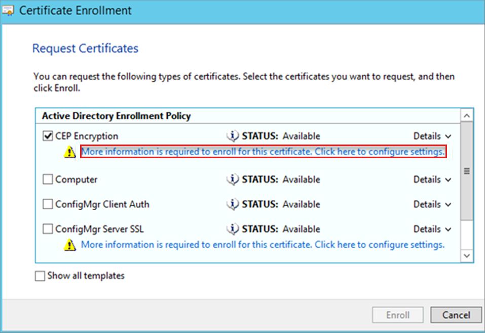 Capture d’écran de la page Demander un certificat, où chiffrement CEP est sélectionné.