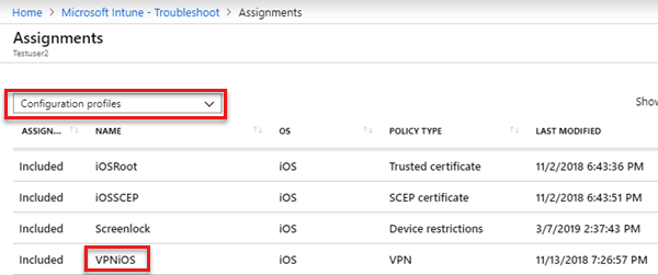 Capture d’écran montrant les informations d’affectation dans le volet Résoudre les problèmes pour iOS