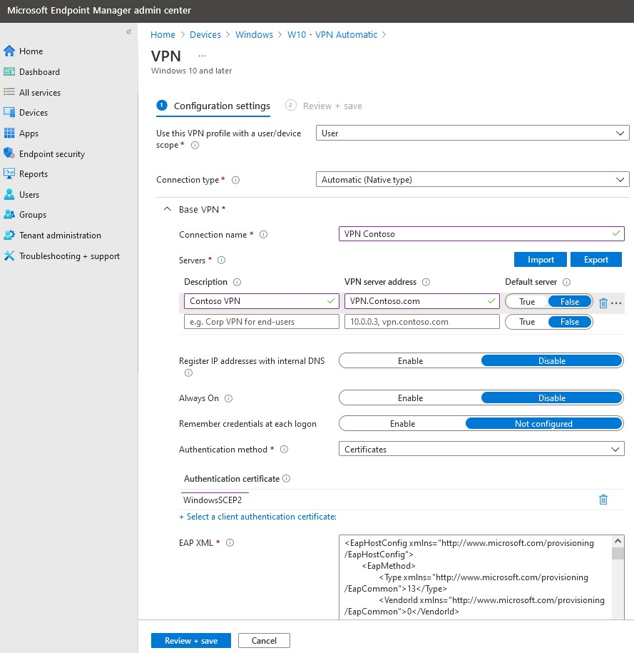 Capture d’écran montrant comment créer un profil VPN pour Windows.