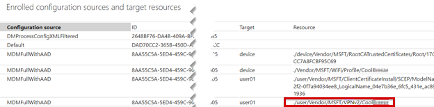 Capture d’écran montrant les informations de diagnostic MDM pour la ressource de configuration.