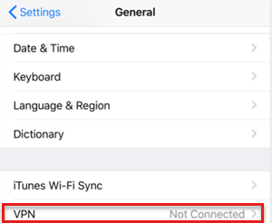 Capture d’écran montrant que le status VPN n’est pas connecté dans iOS.