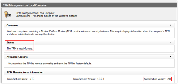 Exemple de capture d’écran d’un status TPM 2.0 sain dans la console module de plateforme sécurisée.