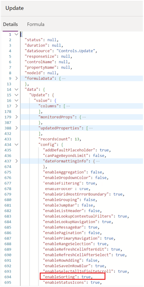 Capture d’écran de la propriété enableFiltering grid.