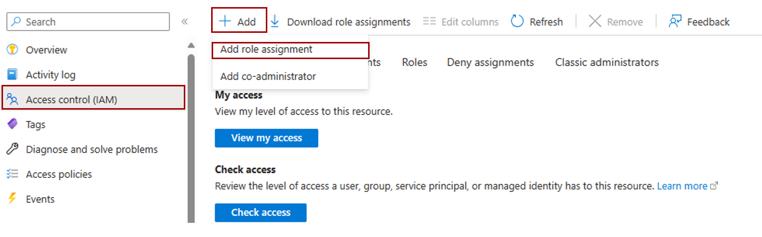 Capture d’écran montrant l’option Ajouter une attribution de rôle sous l’onglet Contrôle d’accès (IAM).