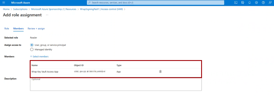 Capture d’écran montrant comment affecter un rôle Lecteur à l’application d’accès KeyVault.