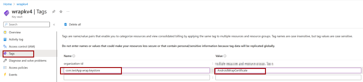 Capture d’écran montrant comment créer une balise de certificat.