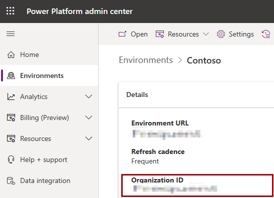 Capture d’écran montrant l’ID organization que vous pouvez trouver dans votre environnement dans le centre d’administration Power Platform.