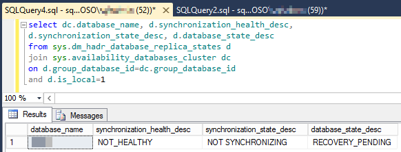 Capture d’écran du résultat d’exécution du script pour case activée l’état d’intégrité et de synchronisation de la base de données.