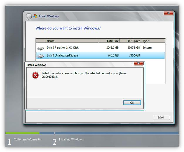 Erreur lors de la création d'une partition unique - Windows Client |  Microsoft Learn