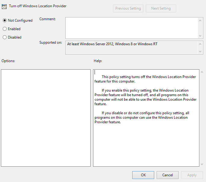 Capture d’écran de l’option Non configuré de la fenêtre de paramètre de valeur Désactiver le fournisseur d’emplacement Windows.