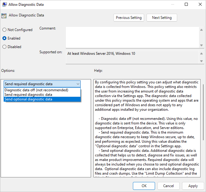 Capture d’écran de la fenêtre Autoriser les données de diagnostic avec l’option Envoyer des données de diagnostic facultative sélectionnée.