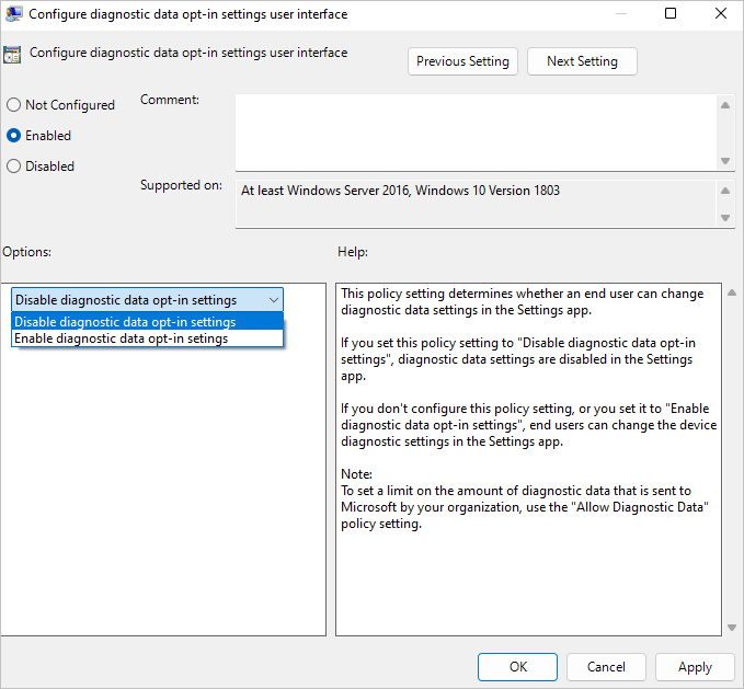 Capture d’écran de la fenêtre d’interface utilisateur Configurer les paramètres d’inscription aux données de diagnostic avec Activé sélectionné.