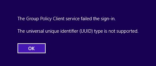 Capture d’écran du message d’erreur du type UUID non pris en charge sur l’écran d’ouverture de session.