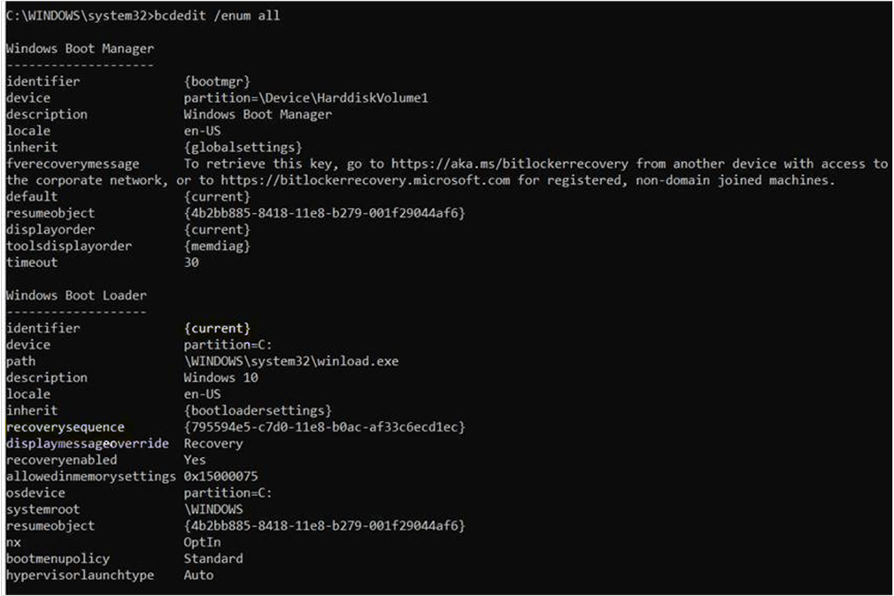 Capture d’écran de la sortie de la commande bcdedit /enum all.