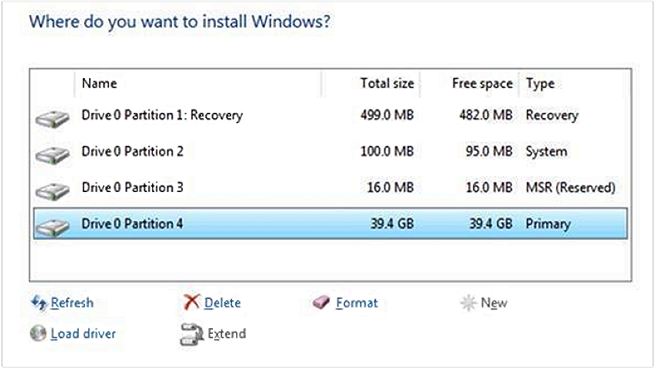 Capture d’écran des partitions de disque par défaut, y compris la partition de récupération.