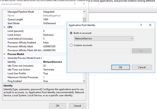 Configurez l’identité du pool d’applications en tant que compte NetworkService intégré.