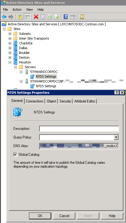 Capture d’écran de la fenêtre Sites et services Active Directory avec les paramètres NTDS Fenêtre Propriétés ouvert.