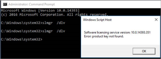 Capture d’écran de la fenêtre d’invite de commandes montrant la commande slmgr /dlv et le message d’erreur Clé de produit introuvable qui en résulte.