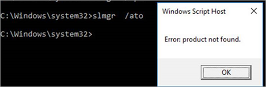 Capture d’écran de la fenêtre d’invite de commandes montrant la commande slmgr /ato et le message d’erreur Produit introuvable résultant.
