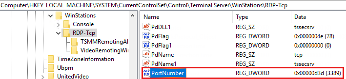 Capture d’écran de la sous-clé PortNumber pour le protocole RDP.
