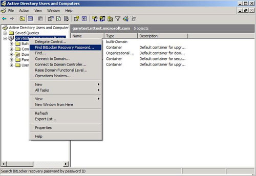 Capture d’écran de la fenêtre Utilisateurs et ordinateurs Active Directory avec l’option Rechercher le mot de passe de récupération BitLocker sélectionnée.