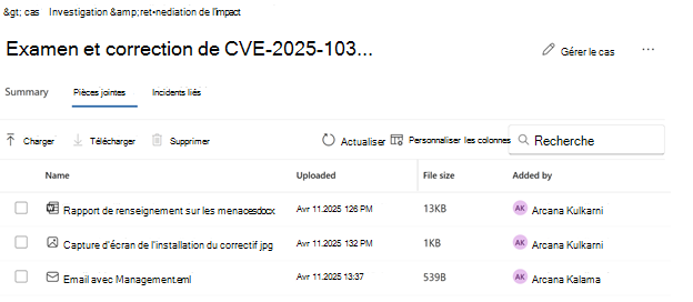 Capture d’écran des détails de l’onglet Pièces jointes d’un cas.