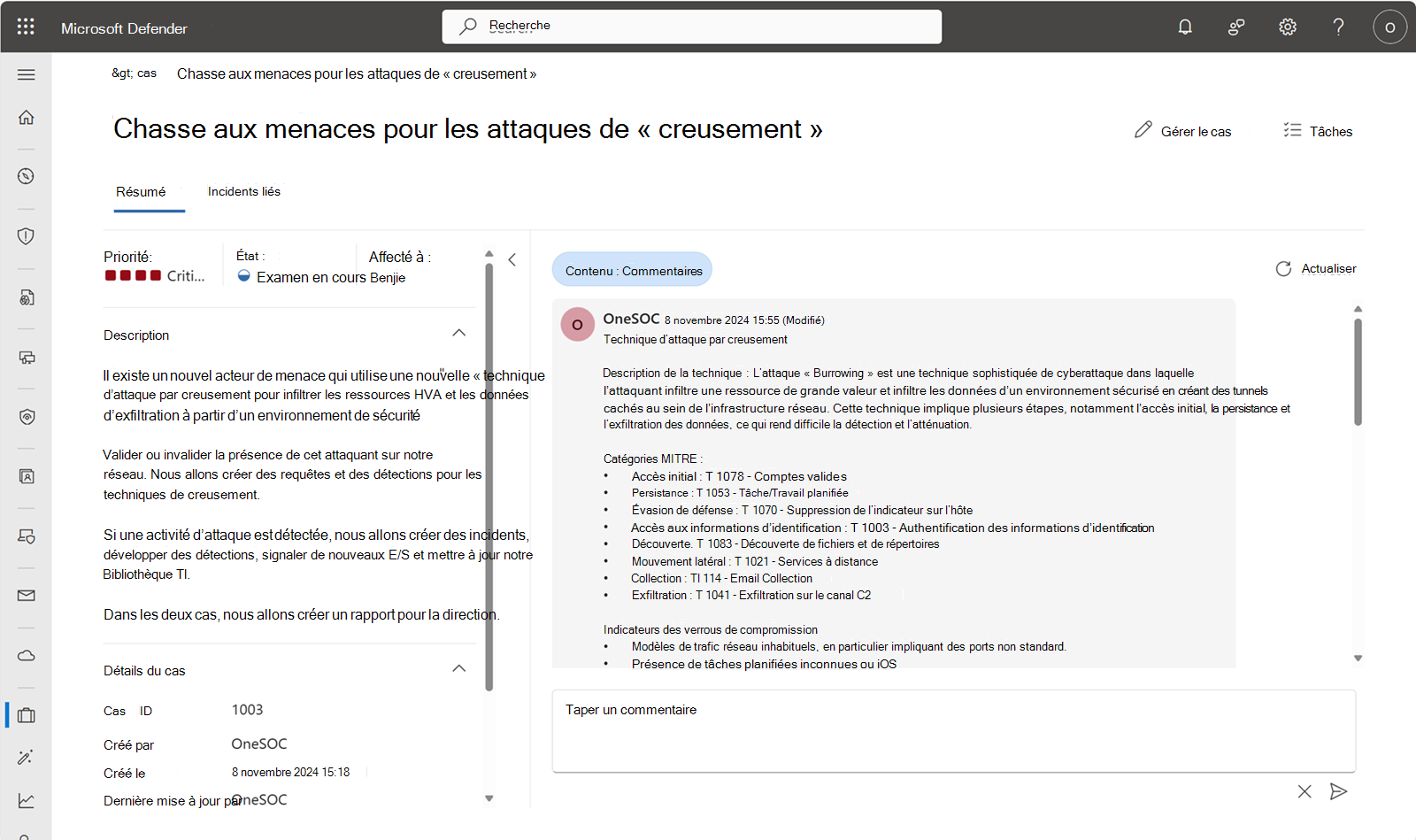 Capture d’écran de la page des détails du cas dans le portail Defender.
