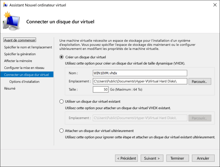 Screenshot of the New Virtual Machine Wizard's Connect Virtual Hard Disk task, with the Create a virtual hard disk option being selected.