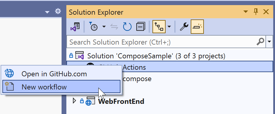 Capture d’écran du menu nœud GitHub Actions.