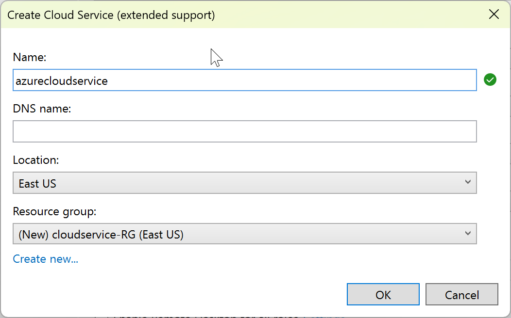 Capture d’écran montrant le volet de déploiement Créer une instance Cloud Services (support étendu).