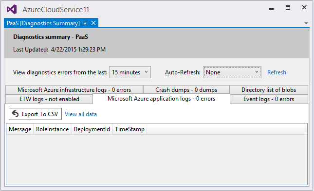 Rapport Diagnostics Microsoft Azure dans Visual Studio