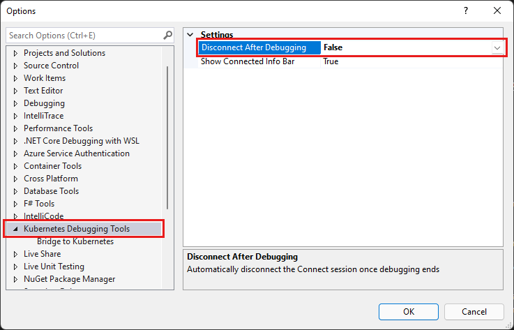 Capture d’écran montrant la valeur Déconnecter après le débogage dans Outils de débogage Kubernetes.