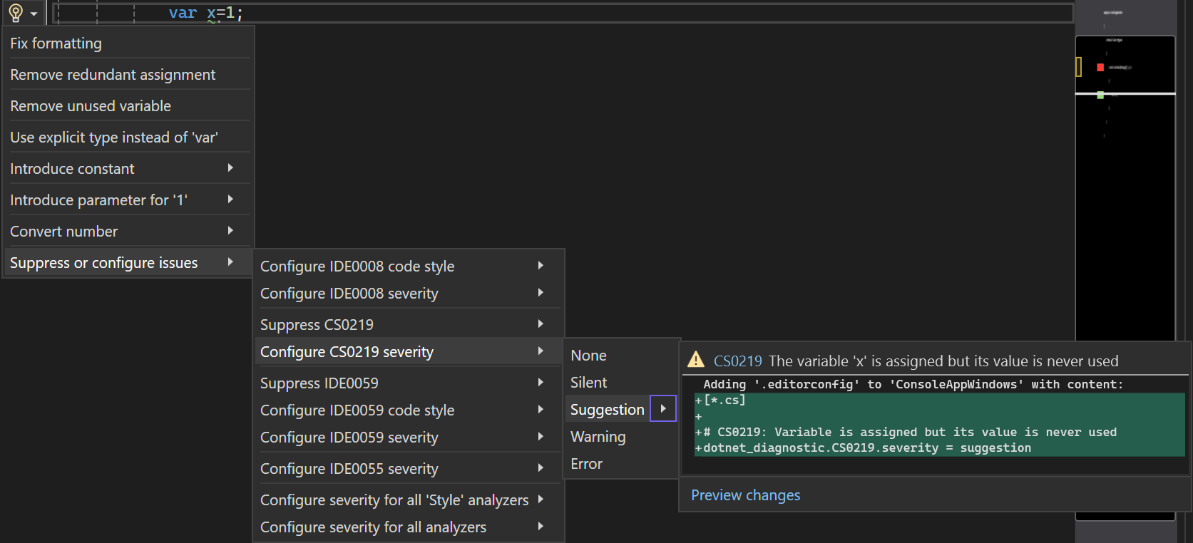 Capture d’écran montrant la gravité de la règle sélectionnée dans le menu dans Visual Studio 2022.