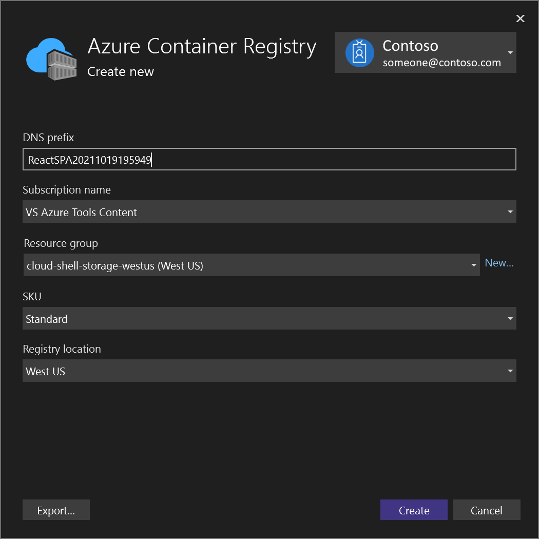 Capture d’écran de la boîte de dialogue Créer une instance Azure Container Registry de Visual Studio.