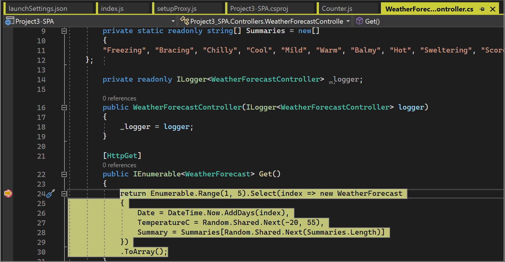 Capture d’écran montrant le code de débogage côté serveur ASP.NET Core.