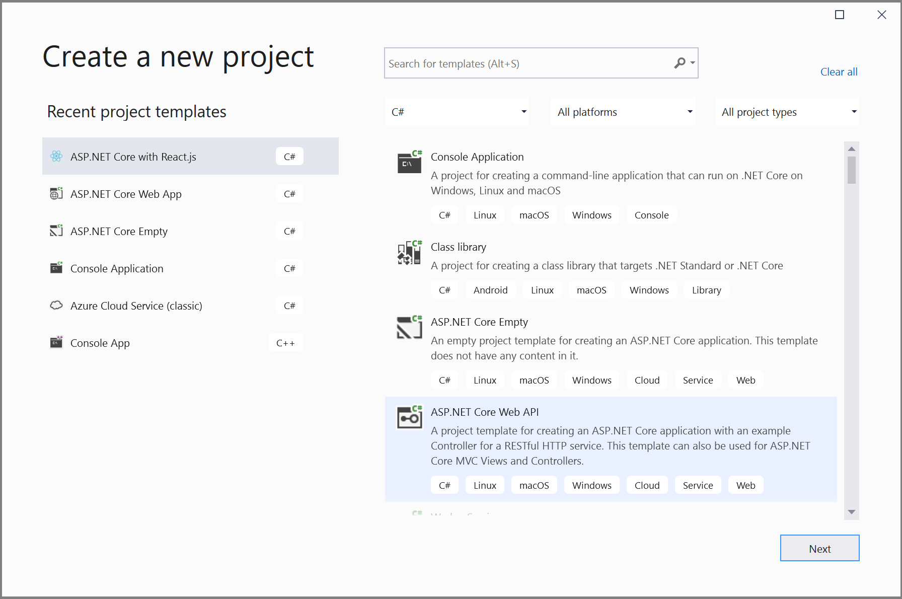 Screenshot of creating the Web API project.