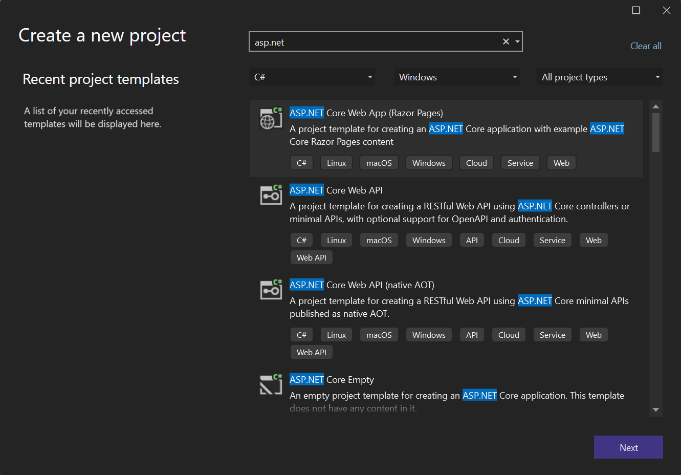 Screenshot showing Create ASP.NET Core Web App project.