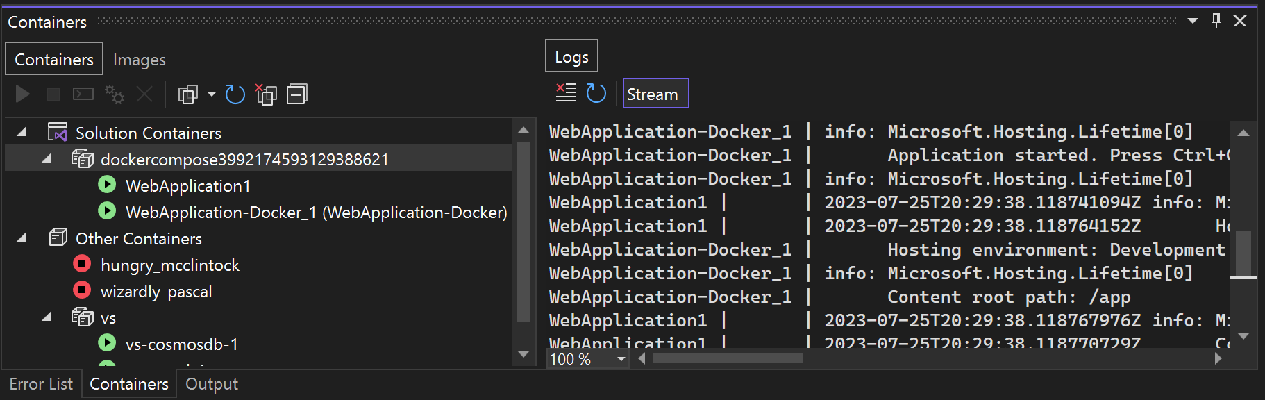 Capture d’écran montrant des nœuds Docker Compose dans la fenêtre Conteneurs.