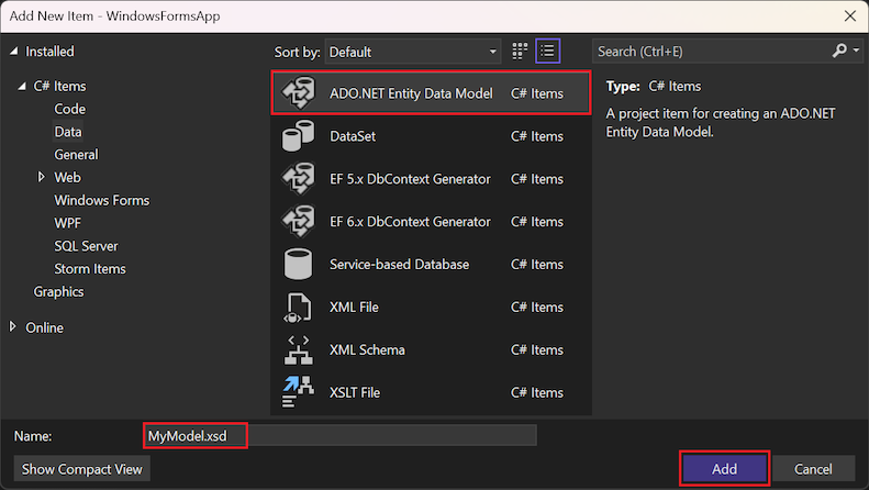 Capture d’écran montrant comment créer un modèle de données d’entité ADO.NET à l’aide de la boîte de dialogue Ajouter un nouvel élément.