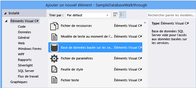 Ajouter un nouvel élément > Base de données basée sur les services