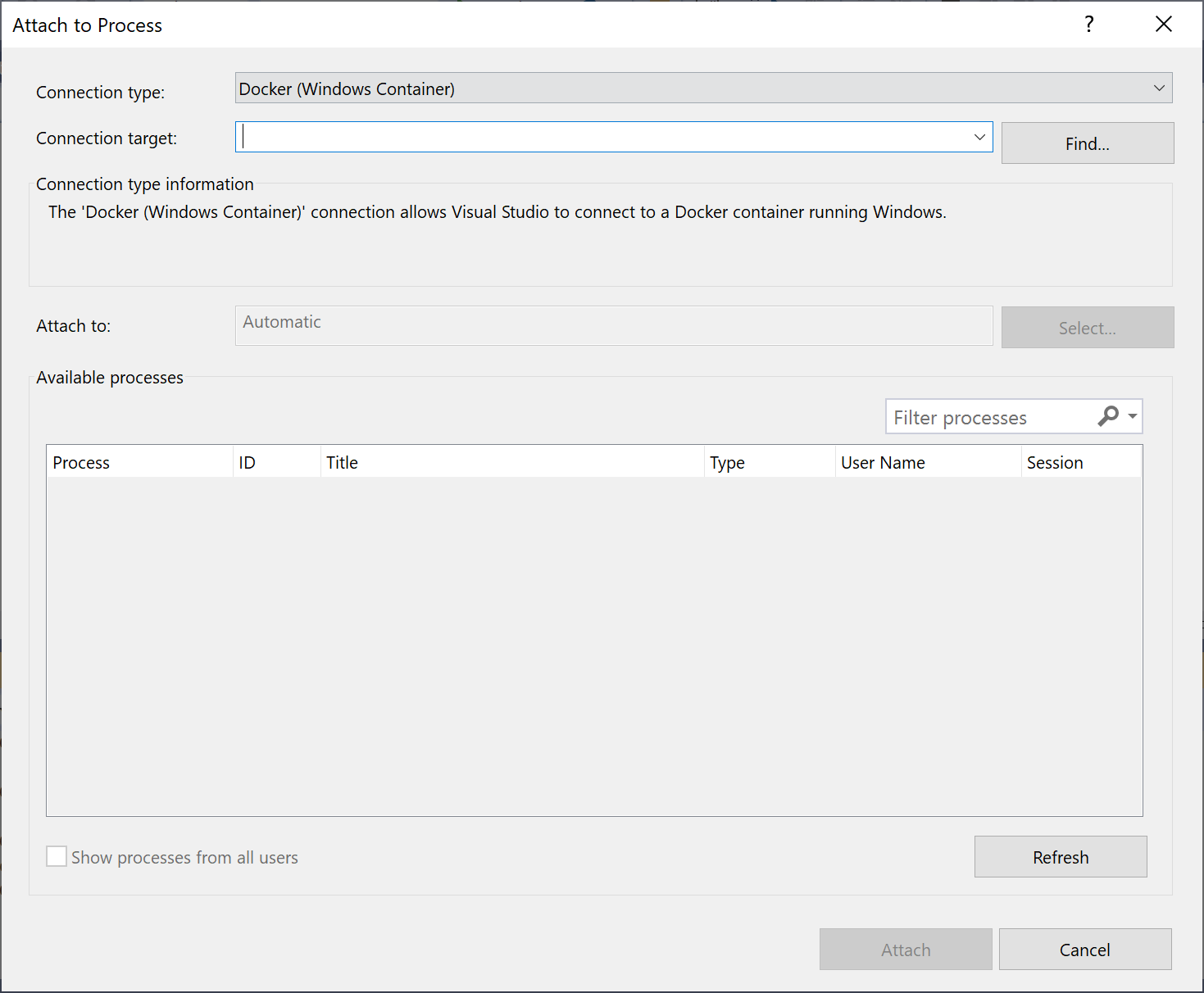 Attach_To_Process_Menu Capture d’écran de la boîte de dialogue Attacher au processus dans Visual Studio montrant un type de connexion de Docker (conteneur Windows).