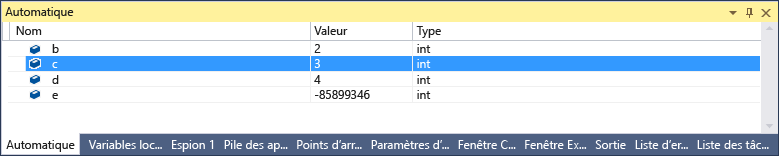 Capture d’écran de la fenêtre Autos, avec la ligne mise en surbrillance montrant l’int c avec la valeur 3.