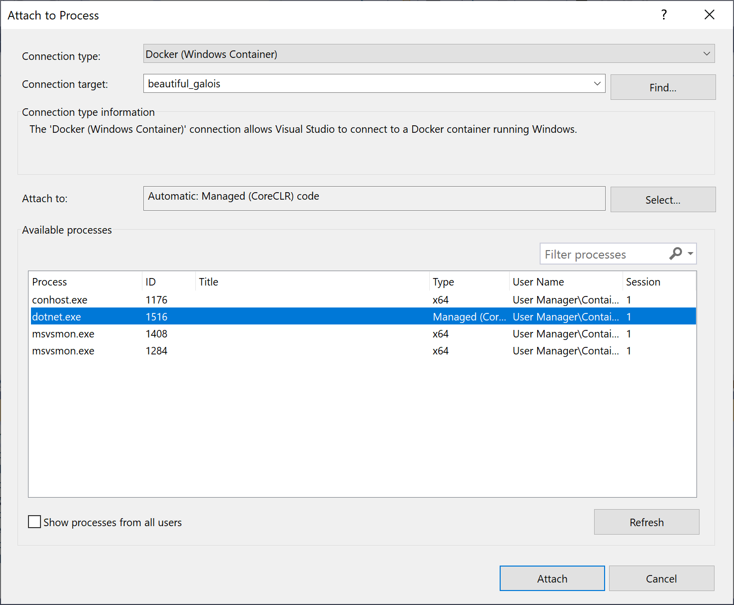 Menu d’attachement Docker Windows terminé Capture d’écran de la boîte de dialogue Attacher au processus dans Visual Studio. Le type de connexion est défini sur Docker (conteneur Windows) et le processus dotnet.exe est sélectionné.